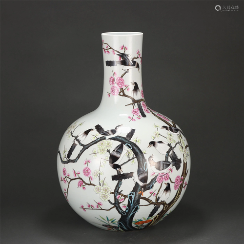 A FAMILLE ROSE FLOWER-AND-BIRD GLOBULAR VASE