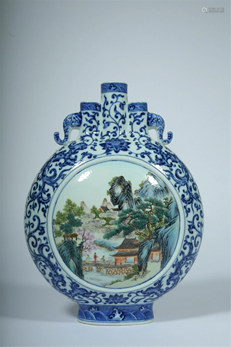 A BLUE AND WHITE FAMILLE ROSE MOON FLASK