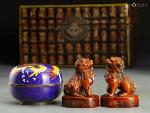 旧藏，鹿角狮子戏球印章掐丝印泥盒三件一组