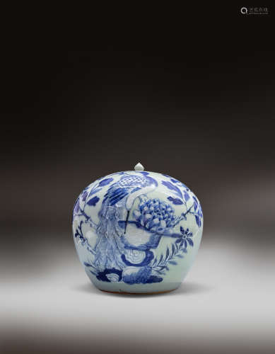 清豆青青花堆白凤凰牡丹茶叶罐(1644-1912)