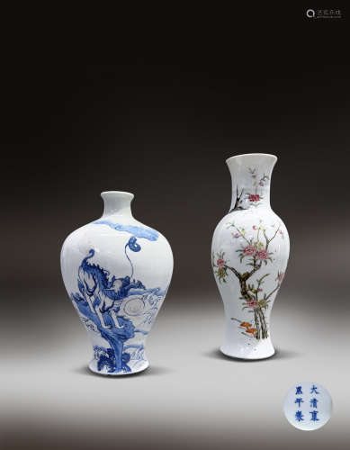 清粉彩花卉观音瓶青花釉里红瑞兽纹梅瓶一组两件(1644-1912)