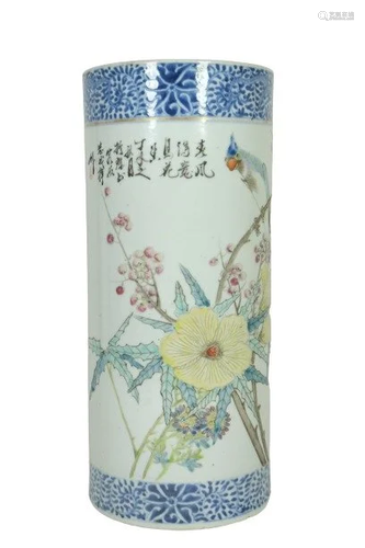 A CHINESE BLUE AND WHITE FAMILL-ROSE BIRD VASE