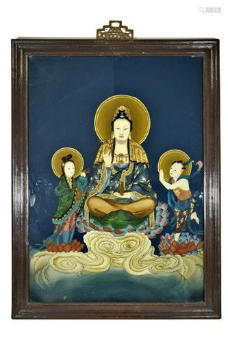 A CHINESE REVERSE GLASS PAINTING,GUANYIN BOYS