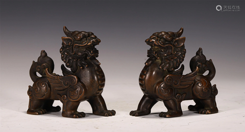 PAIR OF BRONZE MYTHICAL BEASTS