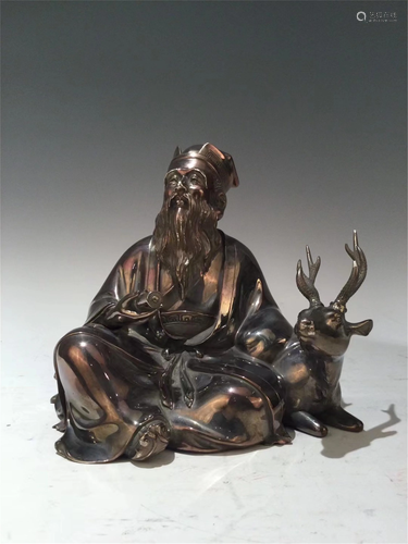 A BRONZE DECORATION OF OLD MAN AND DEER