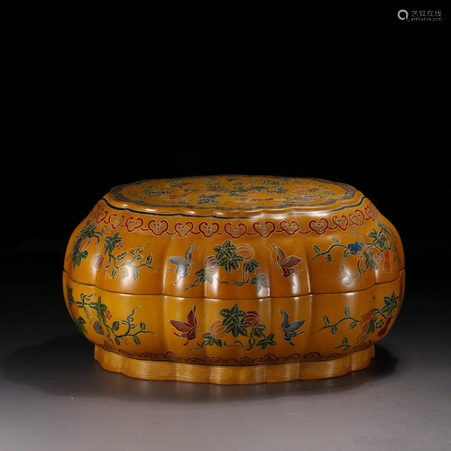 A YELLOW GROUND LACQUER-WARE BOX AND COVER