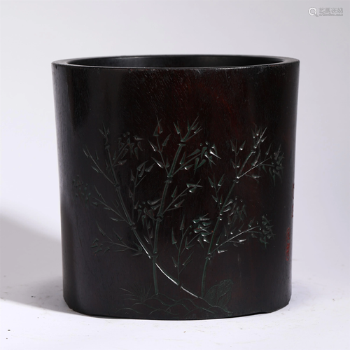 A HARDWOOD CARVED BAMBOO BRUSH POT