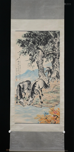 A CHINESE SCROLL PAINTING OF THREE HORSES