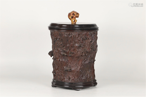 A HARDWOOD BRUSH POT AND COVER