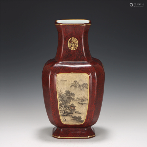 A WOOD-GRAIN GLAZE LANDSCAPE-AND-FIGURES VASE