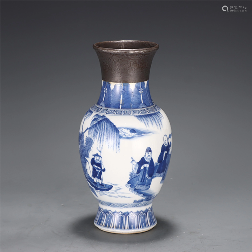 A TIN MOUNTED BLUE AND WHITE FIGURES STORY VASE