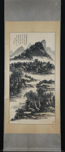 A CHINESE SCROLL PAINTING OF LANDSCAPE AND FIGURES