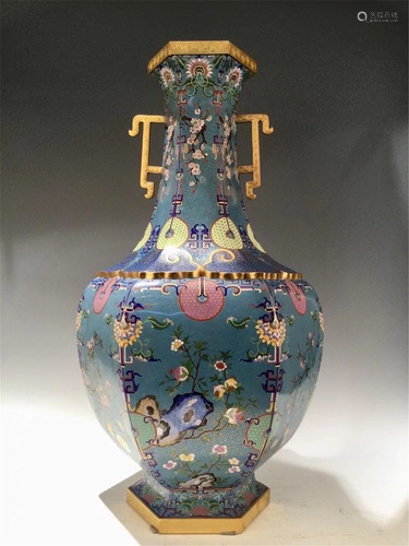 A BLUE GROUND CLOISONNE HEXAGONAL VASE