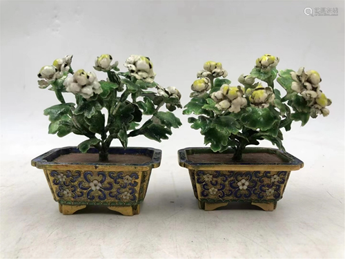 PAIR OF FLORAL BONSAI WITH CLOISONNE BRONZE BASINS