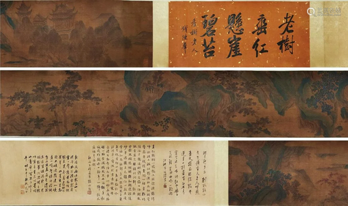 A CHINESE SILK PAINTING OF LANDSCAPE AND FIGURES