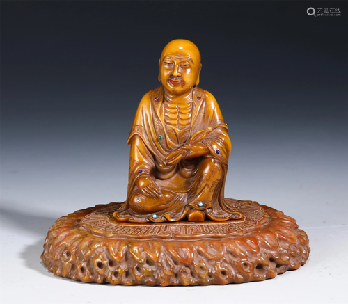 A HARD-STONES INLAID SOAPSTONE FIGURAL STATUETTE