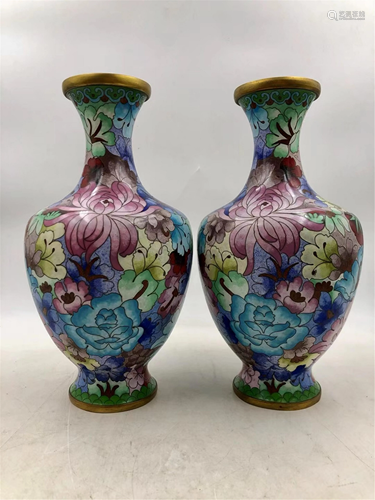 PAIR OF CLOISONNE ENAMEL FLORAL VASES