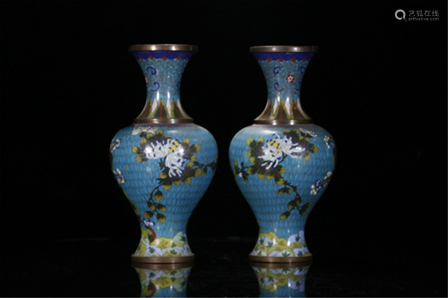 PAIR OF CLOISONNE ENAMEL FLORAL VASES