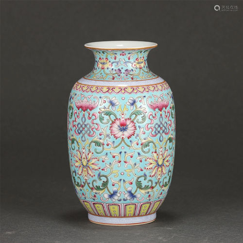 A SKY BLUE GROUND FAMILLE ROSE FLORAL VASE