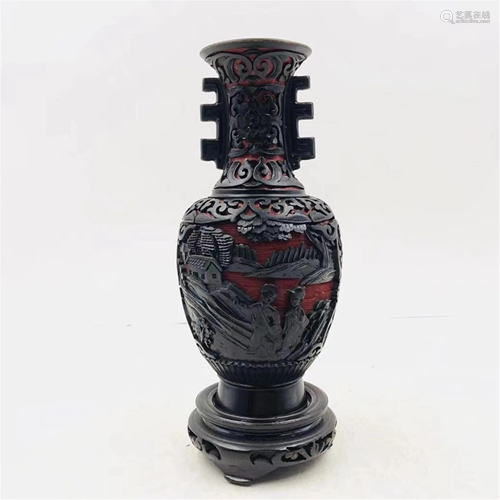 A CARVED LACQUER FIGURES STORY VASE