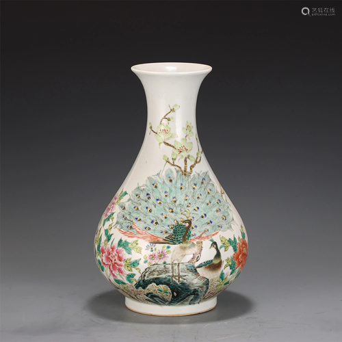 A FAMILLE ROSE PEACOCKS AND FLOWERS VASE