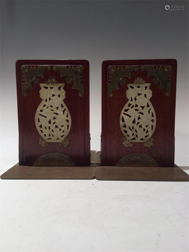 PAIR JADE INLAID BRONZE MOUNTED HARDWOOD BOOKENDS