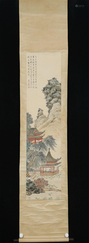 A CHINESE SCROLL PAINTING OF LANDSCAPE AND FIGURES