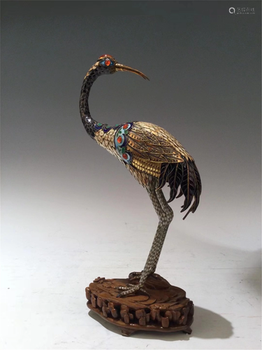 A HARD-STONES INLAID SILVER GILDING CRANE