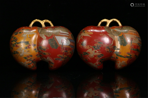 PAIR OF PEACH SHAPED LACQUER-WARE BOXES