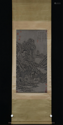 A CHINESE SCROLL PAINTING DEPICTING MOUNTAIN DWELLINGS