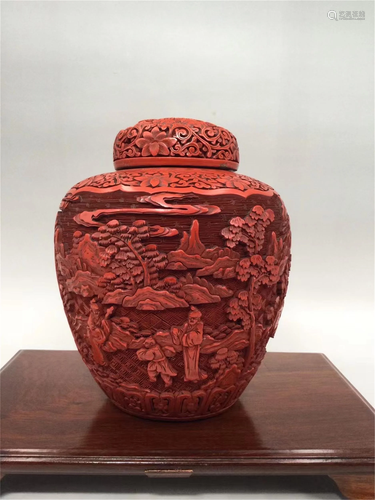 A CARVED RED LACQUER TEA-LEAF CAN AND COVER