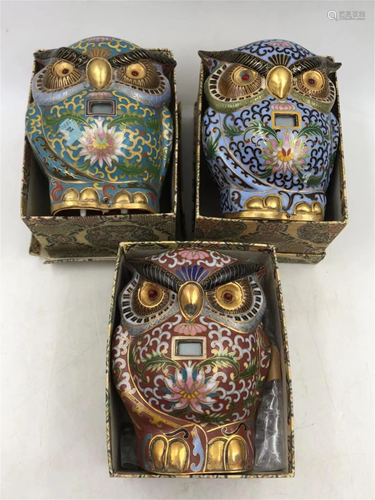 THREE OWL SHAPED CLOISONNE ELECTRONIC CLOCKS