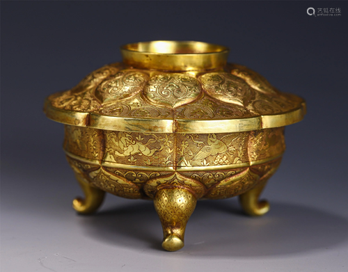 A LOTUS DESIGN GOLD TRIPOD BOX AND COVER