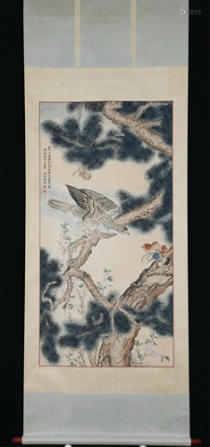 A CHINESE SCROLL PAINTING OF EAGLE AND PINE TREE