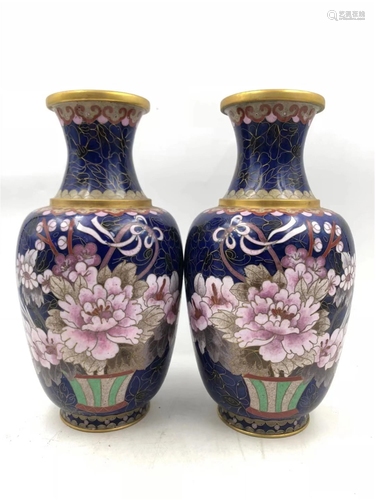 PAIR OF BLUE GROUND CLOISONNE ENAMEL FLORAL VASES