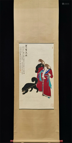 A CHINESE PAINTING OF LADIES AND DOGS