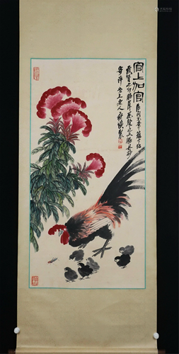 A CHINESE SCROLL PAINTING OF COCKSCOMB AND CHICKENS