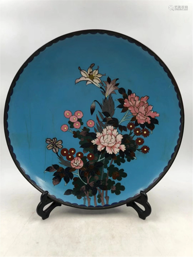 A BLUE GROUND JAPANESE CLOISONNE FLORAL PLATE