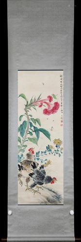 A CHINESE SCROLL PAINTING OF FLOWERS AND CHICKENS