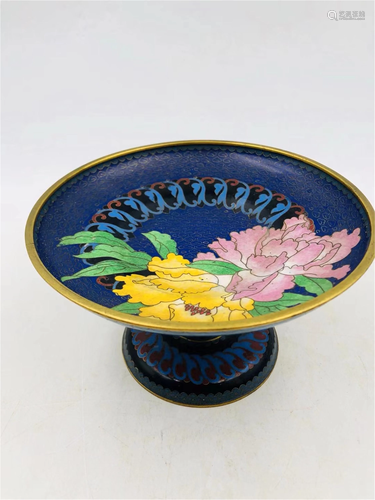 A BLUE GROUND CLOISONNE ENAMEL FLORAL STEM PLATE