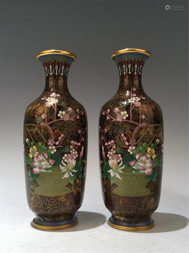 PAIR OF BROWN GROUND CLOISONNE FLORAL VASES