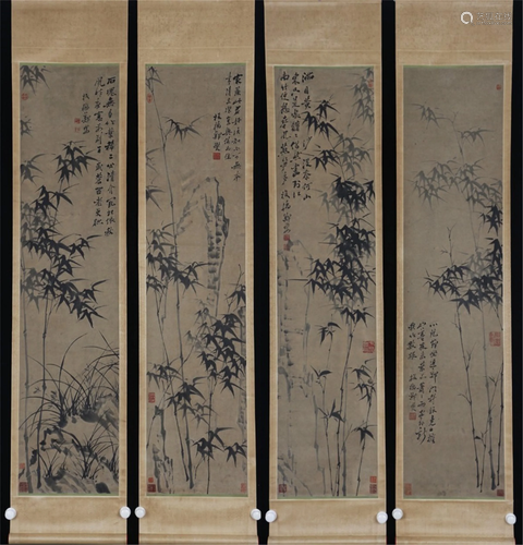 FOUR CHINESE SCROLL PAINTINGS OF BAMBOOS, ORCHID…