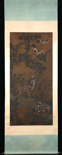 A CHINESE SILK PAINTING OF DEER AND CRANE