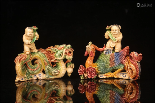 PAIR OF POLYCHROME DRAGON PHOENIX DECORATIONS