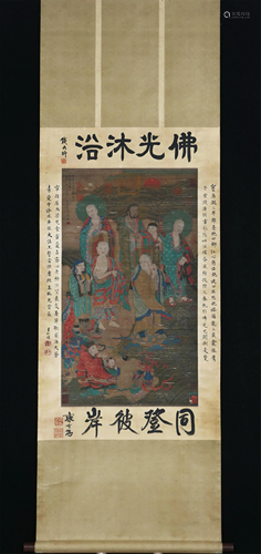 A CHINESE SCROLL PAINTING DEPICTING BUDDHIST STORY