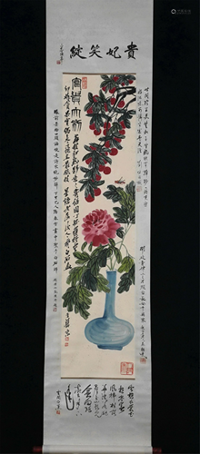 A CHINESE SCROLL PAINTING OF LICHIS AND FLOWER