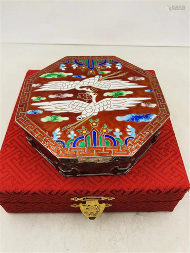 A RED GROUND SILVER ENAMEL OCTAGONAL BOX AND C…