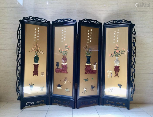 A HARD-STONES INLAID FOUR-FOLDING SCREEN