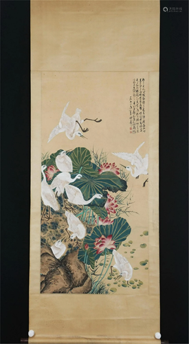 A CHINESE PAINTING OF WHITE EGRETS IN LOTUS POND