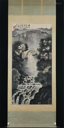 A CHINESE SCROLL PAINTING OF LANDSCAPE AND FIGURES